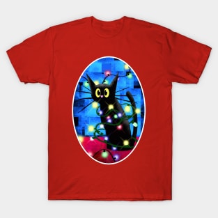 Cat and Christmas Tree Lights T-Shirt